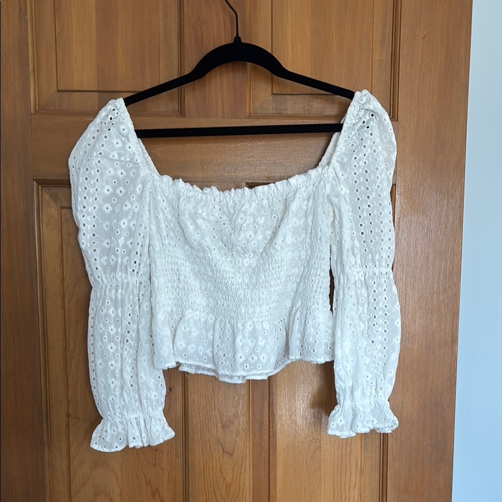 White Eyelet Smocked Women's Top